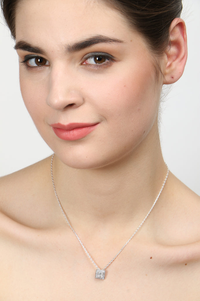 CLARA 925 Sterling Silver Rhodium Plated Princess Pendant with Chain Gift for Women and Girls