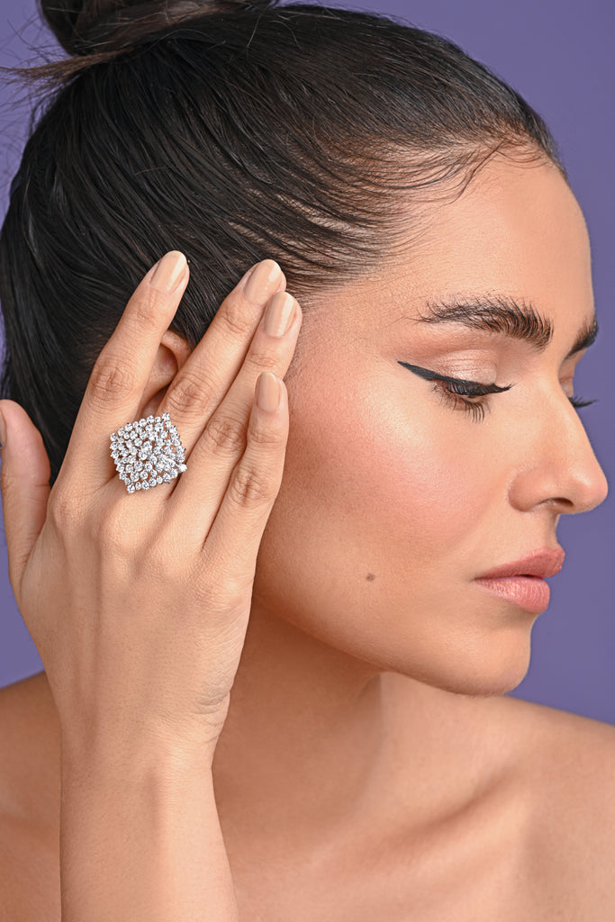 Clara 925 Sterling Silver Cluster Adjustable Cocktail Ring 