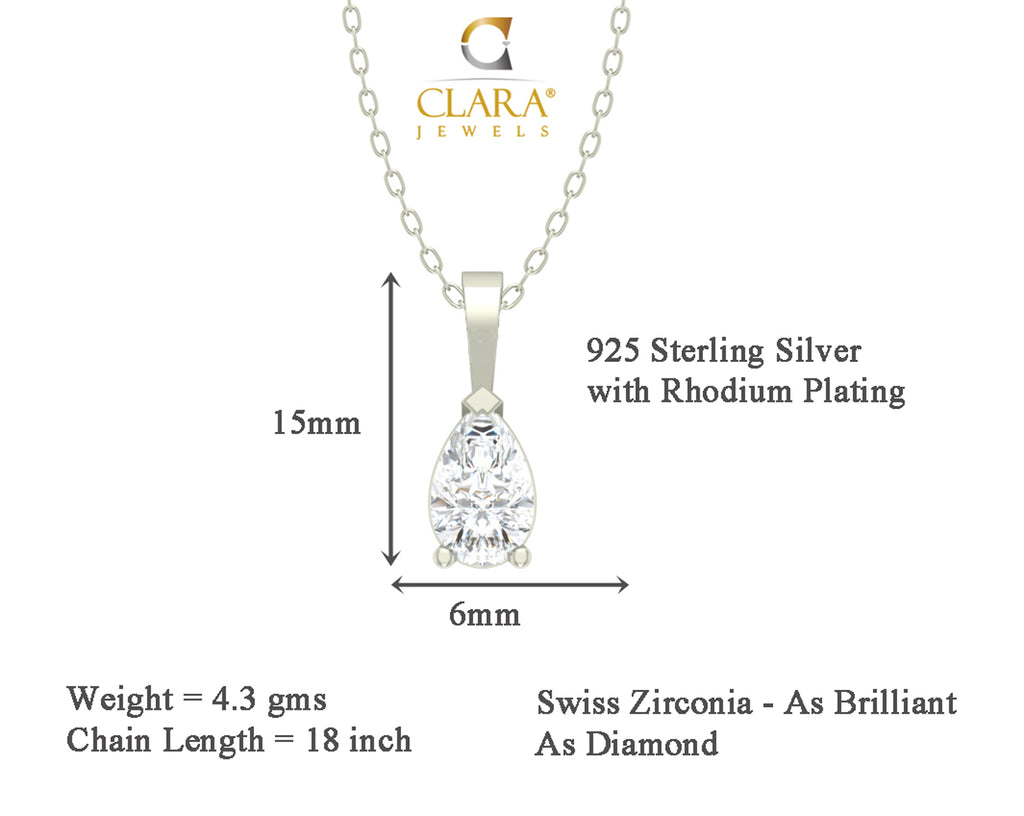 CLARA 925 Sterling Silver Rhodium Plated Pear Pendant with Chain Gift for Women & Girls