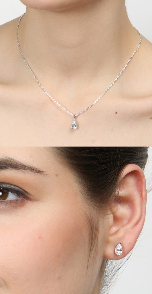 CLARA 925 Sterling Silver Rhodium Plated Pear Pendant Earring Necklace Set with Chain Gift for Women and Girls
