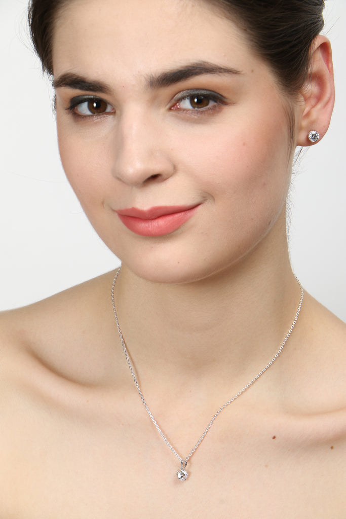 CLARA 925 Sterling Silver Rhodium Plated Round Pendant Earring Necklace Set with Chain Gift for Women and Girls