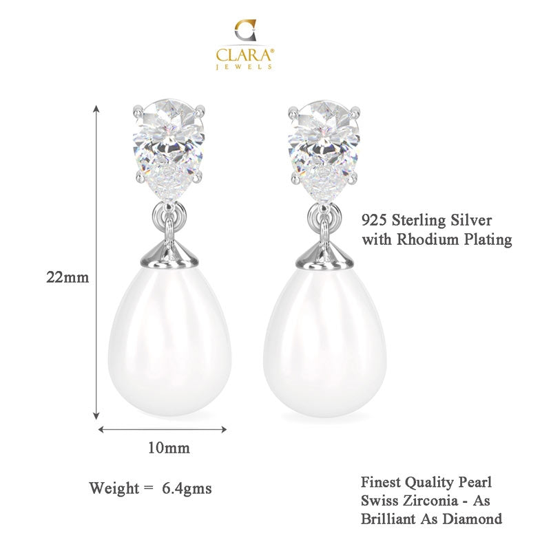 CLARA 925 Sterling Silver Pearl Pear Earrings | Rhodium Plated, Swiss Zirconia , Screw Back | Gift for Women & Girls