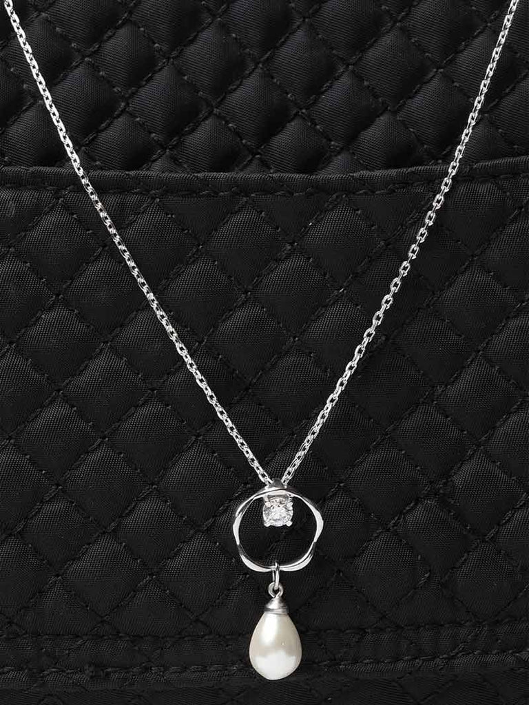 CLARA 925 Sterling Silver Pearl Sara Pendant With Chain Necklace | Rhodium Plated, Swiss Zirconia | Gift for Women & Girls