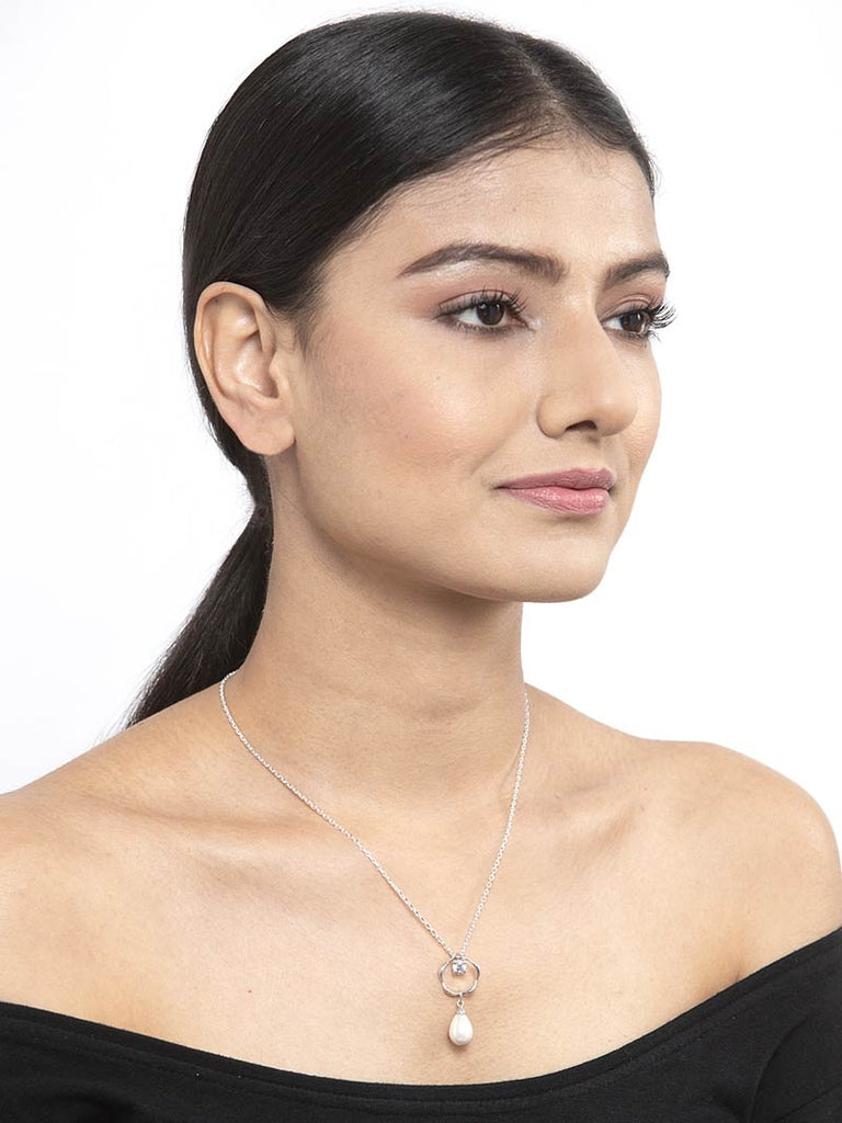 CLARA 925 Sterling Silver Pearl Sara Pendant With Chain Necklace | Rhodium Plated, Swiss Zirconia | Gift for Women & Girls