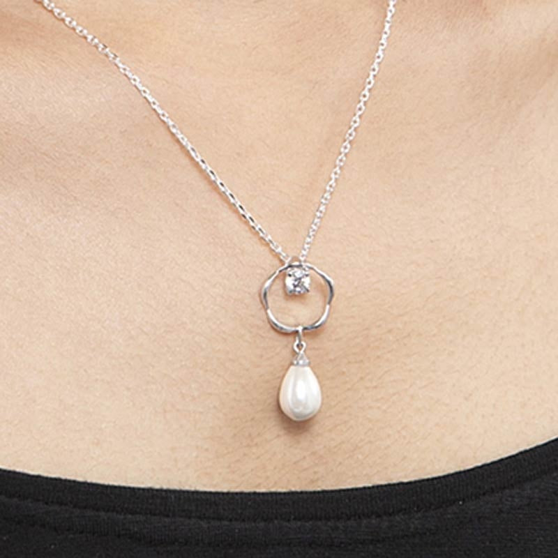 CLARA 925 Sterling Silver Pearl Sara Pendant With Chain Necklace | Rhodium Plated, Swiss Zirconia | Gift for Women & Girls