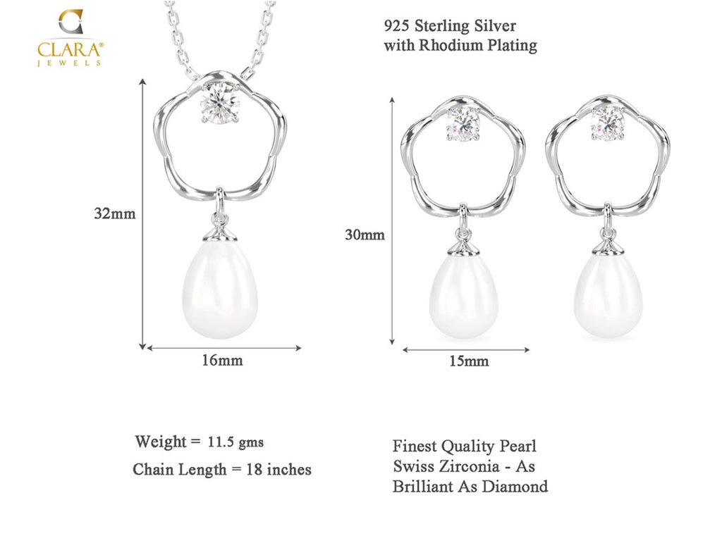 CLARA 925 Sterling Silver Pearl Sara Pendant Earring Chain Jewellery Set | Rhodium Plated, Swiss Zirconia | Gift for Women & Girls