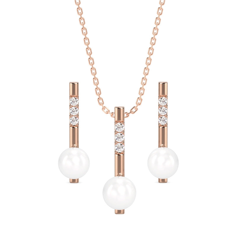CLARA 925 Sterling Silver Pearl Rose Pendant Earring Chain Jewellery Set | Rose Gold Rhodium Plated, Swiss Zirconia | Gift for Women & Girls
