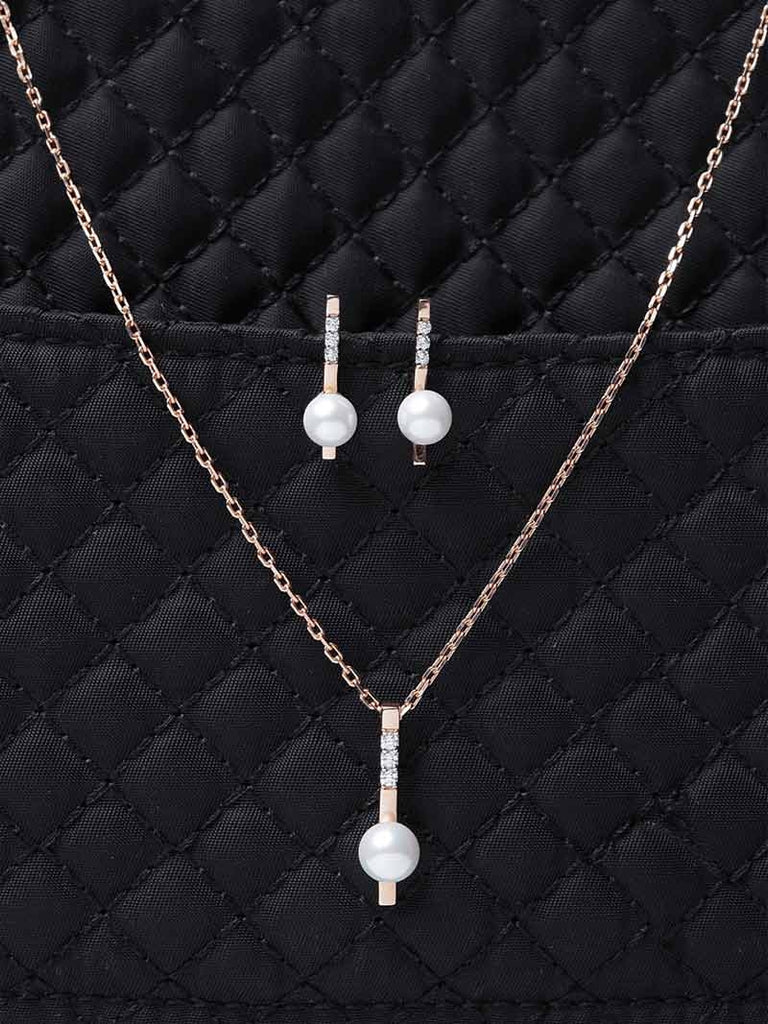 CLARA 925 Sterling Silver Pearl Rose Pendant Earring Chain Jewellery Set | Rose Gold Rhodium Plated, Swiss Zirconia | Gift for Women & Girls