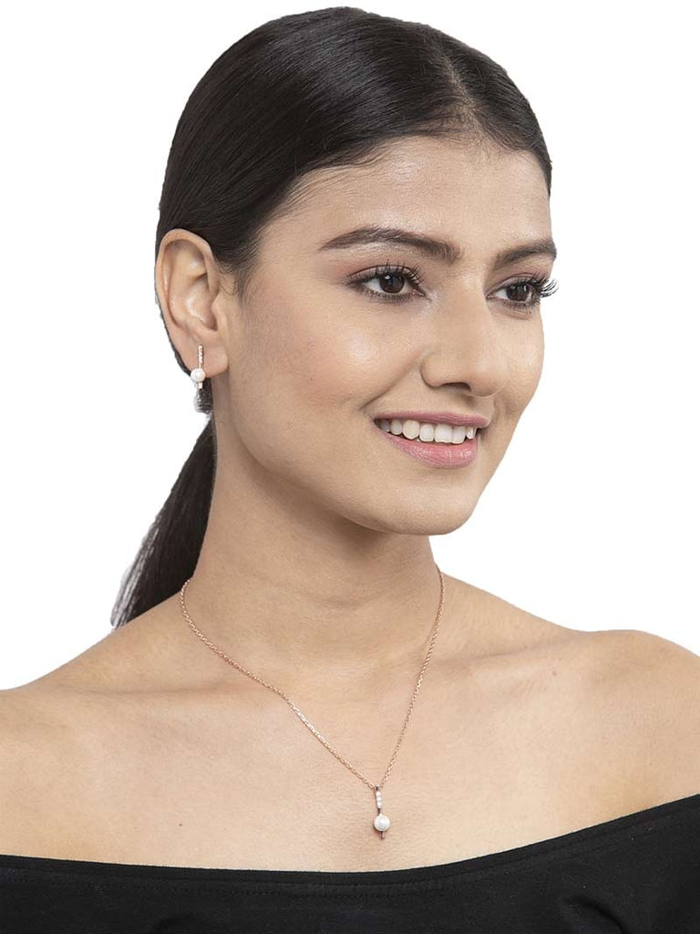 CLARA 925 Sterling Silver Pearl Rose Pendant Earring Chain Jewellery Set | Rose Gold Rhodium Plated, Swiss Zirconia | Gift for Women & Girls