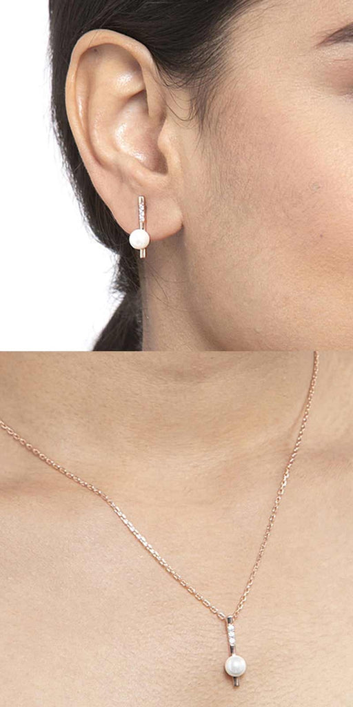 CLARA 925 Sterling Silver Pearl Rose Pendant Earring Chain Jewellery Set | Rose Gold Rhodium Plated, Swiss Zirconia | Gift for Women & Girls