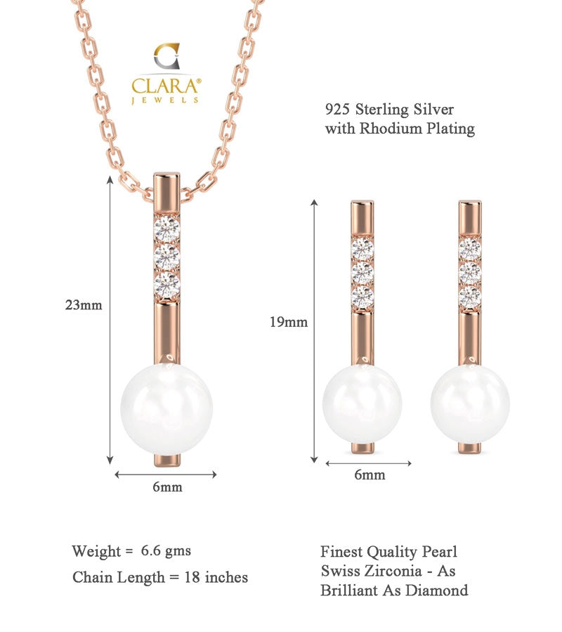 CLARA 925 Sterling Silver Pearl Rose Pendant Earring Chain Jewellery Set | Rose Gold Rhodium Plated, Swiss Zirconia | Gift for Women & Girls