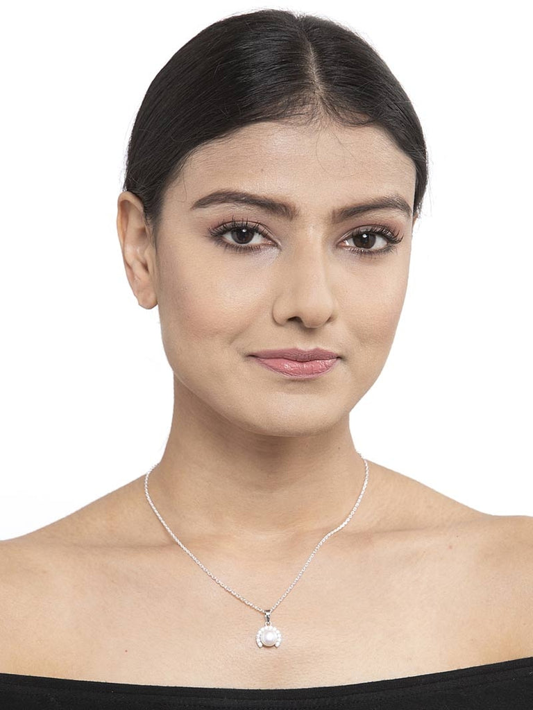 CLARA 925 Sterling Silver Real Pearl Riko Pendant With Chain Necklace | Rhodium Plated, Swiss Zirconia | Gift for Women & Girls