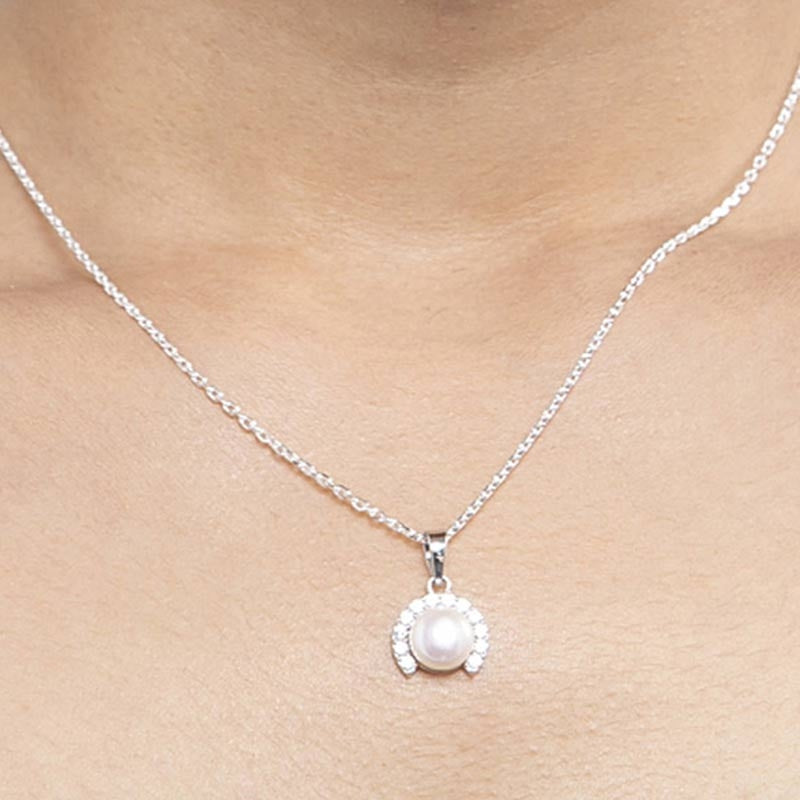 CLARA 925 Sterling Silver Real Pearl Riko Pendant With Chain Necklace | Rhodium Plated, Swiss Zirconia | Gift for Women & Girls