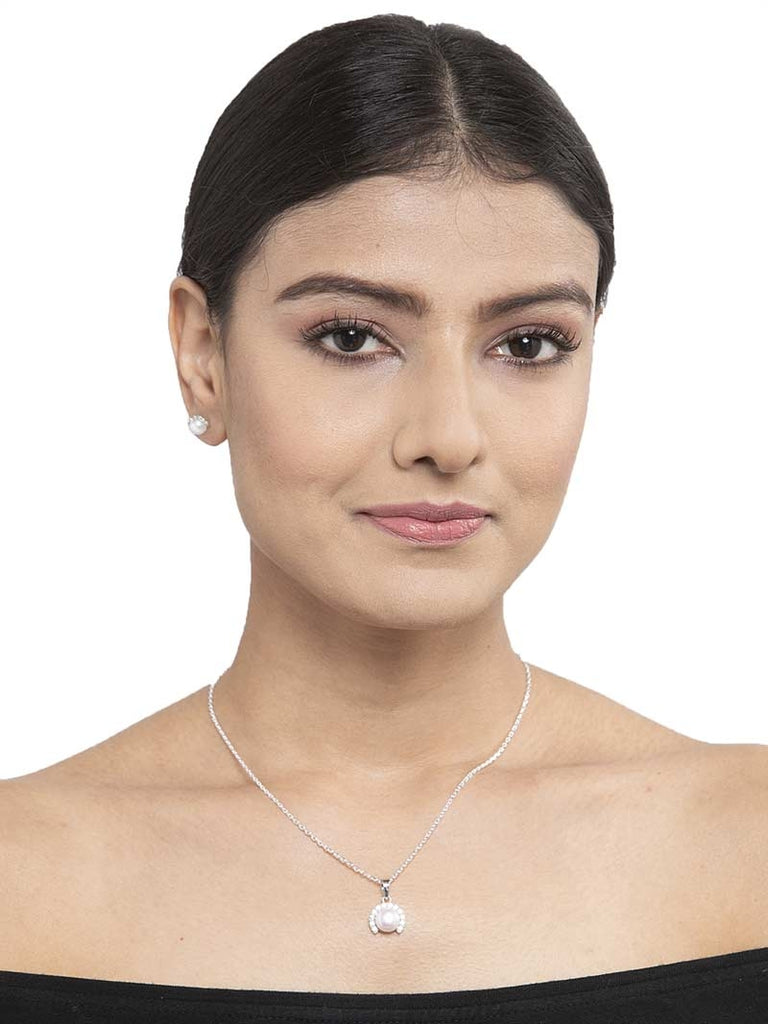 CLARA 925 Sterling Silver Real Pearl Riko Pendant Earring Chain Jewellery Set | Rhodium Plated, Swiss Zirconia | Gift for Women & Girls
