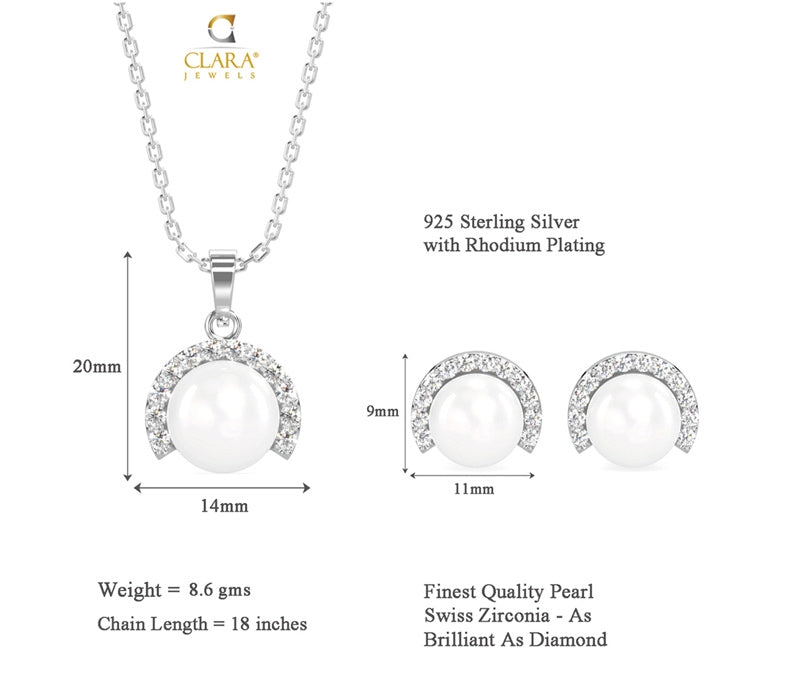 CLARA 925 Sterling Silver Real Pearl Riko Pendant Earring Chain Jewellery Set | Rhodium Plated, Swiss Zirconia | Gift for Women & Girls