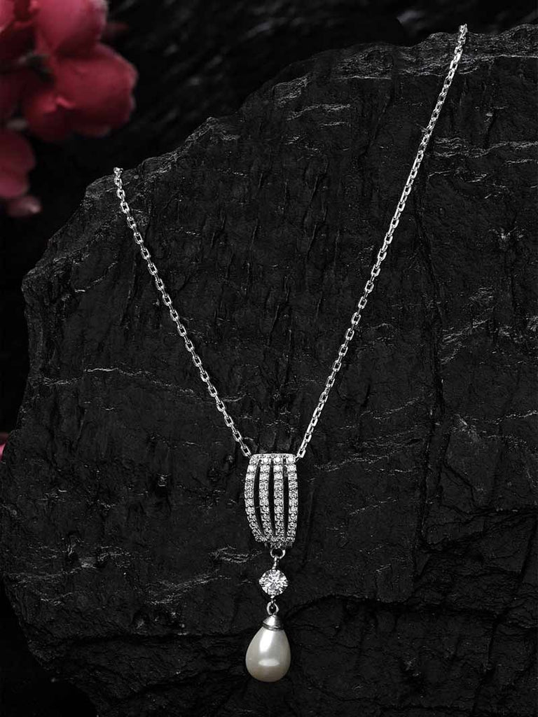 CLARA 925 Sterling Silver Pearl Queen Pendant With Chain Necklace | Rhodium Plated, Swiss Zirconia | Gift for Women & Girls