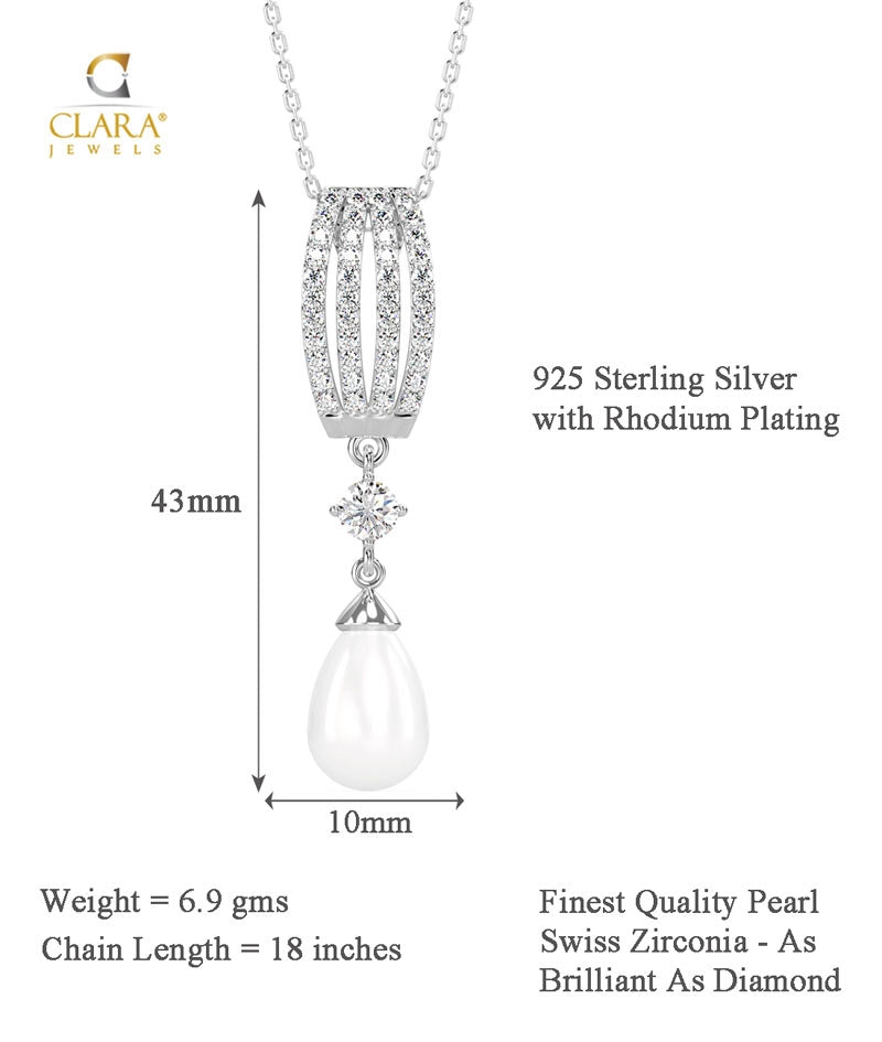 CLARA 925 Sterling Silver Pearl Queen Pendant With Chain Necklace | Rhodium Plated, Swiss Zirconia | Gift for Women & Girls