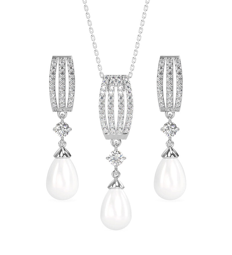 CLARA 925 Sterling Silver Pearl Queen Pendant Earring Chain Jewellery Set | Rhodium Plated, Swiss Zirconia | Gift for Women & Girls