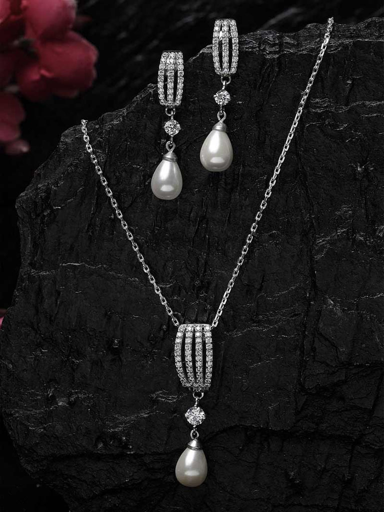 CLARA 925 Sterling Silver Pearl Queen Pendant Earring Chain Jewellery Set | Rhodium Plated, Swiss Zirconia | Gift for Women & Girls