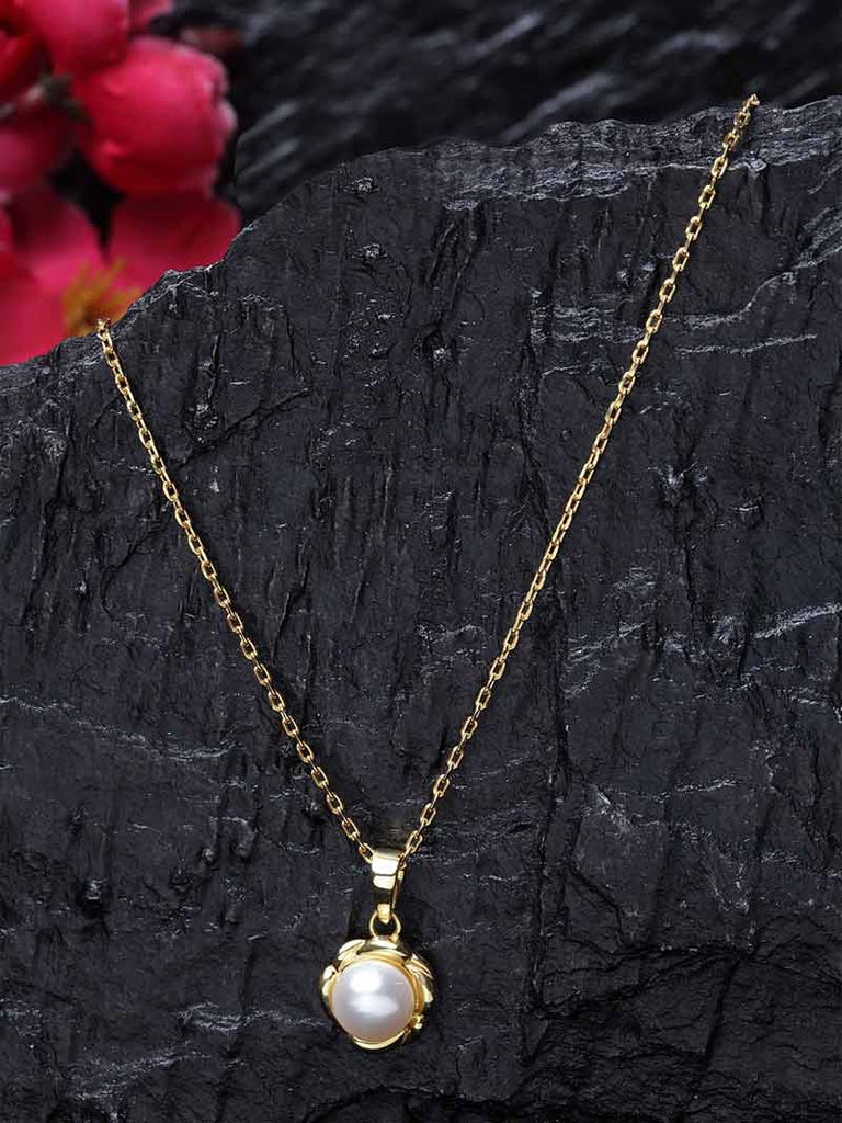 CLARA 925 Sterling Silver Real Pearl Aki Pendant With Chain Necklace | Gold Rhodium Plated | Gift for Women & Girls