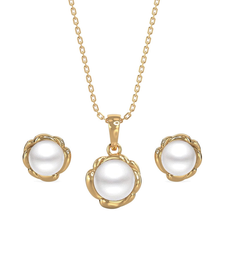 CLARA 925 Sterling Silver Real Pearl Aki Pendant Earring Chain Jewellery Set | Gold Rhodium Plated | Gift for Women & Girls