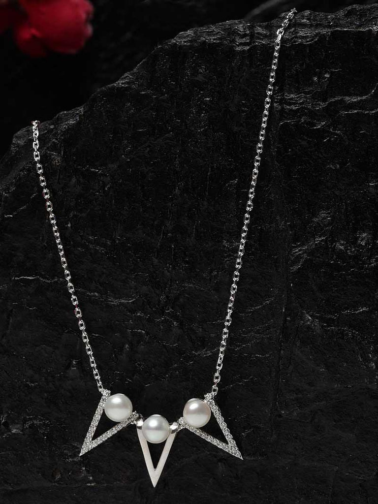 CLARA 925 Sterling Silver Real Pearl Tribe Pendant With Chain Necklace | Rhodium Plated, Swiss Zirconia | Gift for Women & Girls