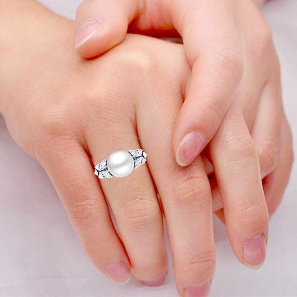 Clara 92.5 Sterling Silver Diamond Cut Zirconia Real Pearl Ring Gift for Women and Girls