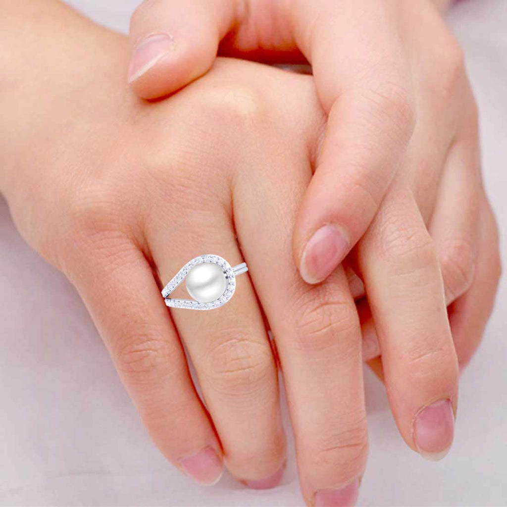 Clara 92.5 Sterling Silver Diamond Cut Zirconia Real Pearl Ring Gift for Women and Girls