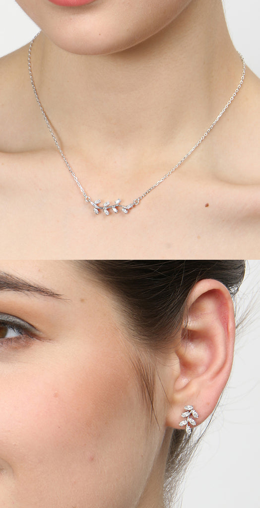 CLARA 925 Sterling Silver Rhodium Plated Leaf Pendant Earring Necklace Set with Chain Gift for Women and Girls
