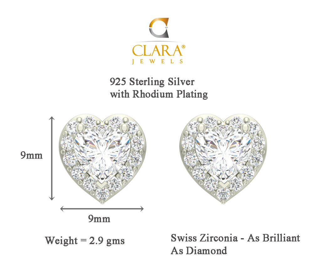 CLARA 925 Sterling Silver Rhodium Plated Valentine Pendant Earring Necklace Set with Chain Gift for Women and Girls