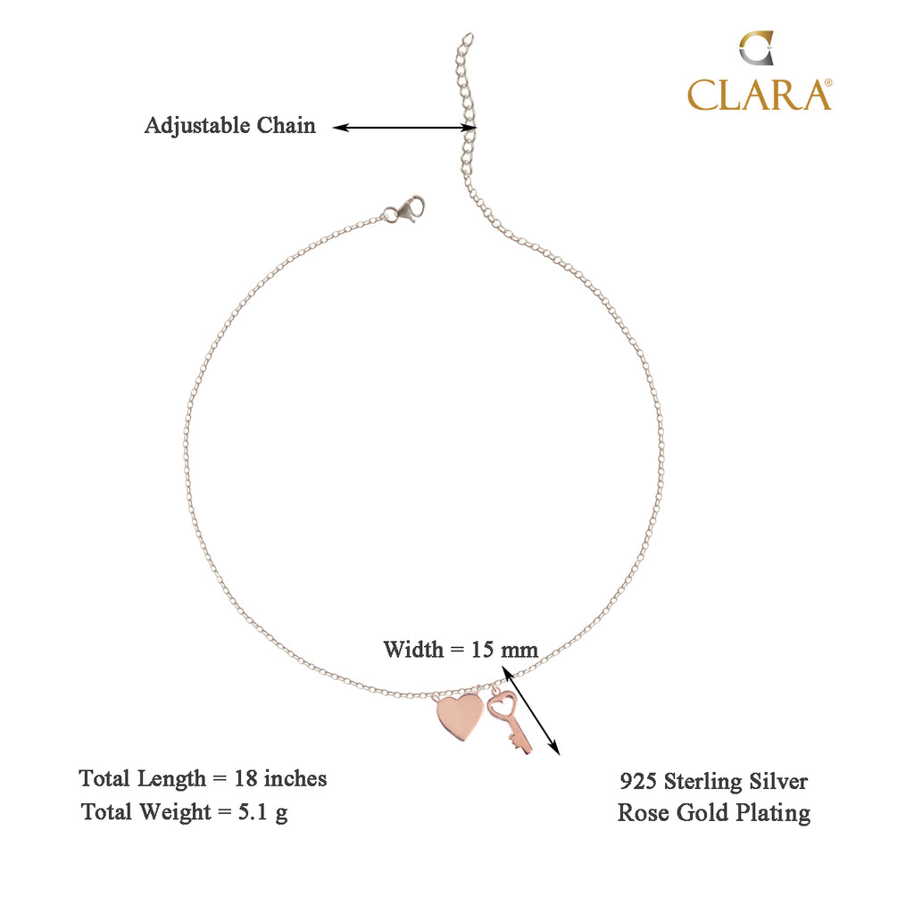 CLARA 925 Sterling Silver Key & Heart Charm Necklace Chain 