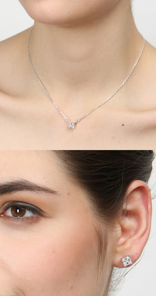 CLARA 925 Sterling Silver Rhodium Plated Square Pendant Earring Necklace Set with Chain Gift for Women and Girls