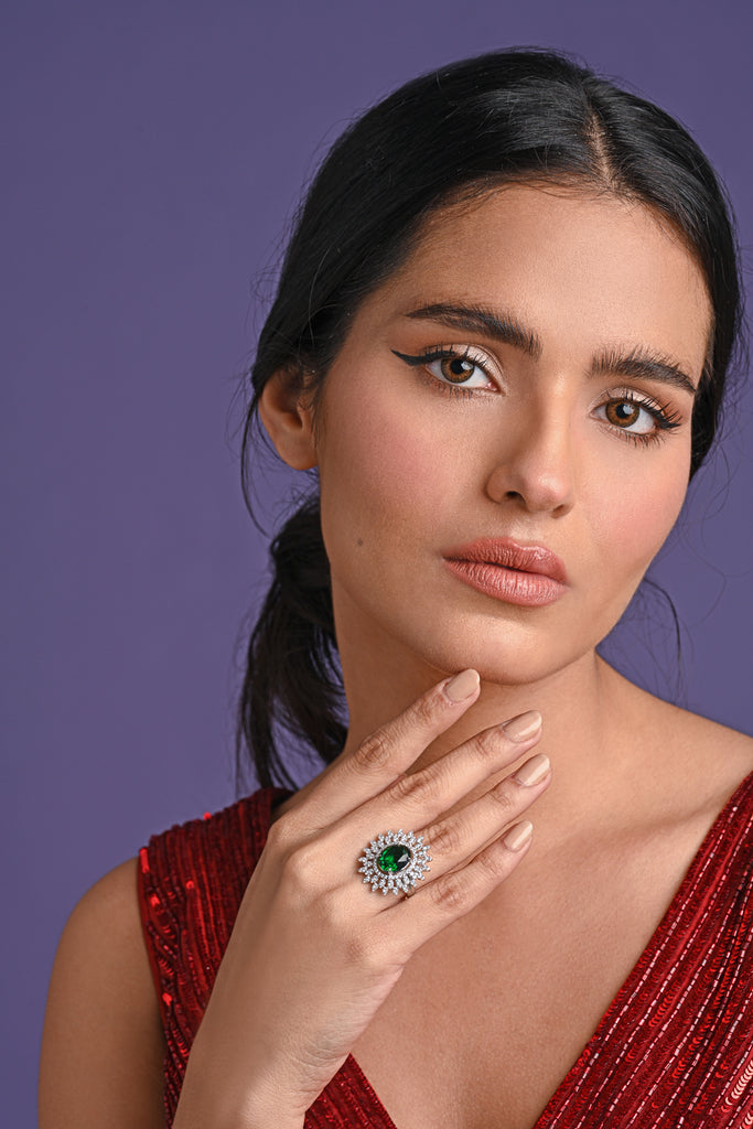 Clara 925 Sterling Silver Emerald Adjustable Cocktail Ring 