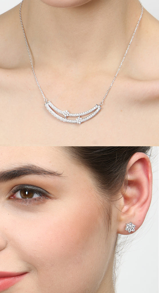 CLARA 925 Sterling Silver Rhodium Plated Ava Pendant Earring Necklace Set with Chain Gift for Women and Girls