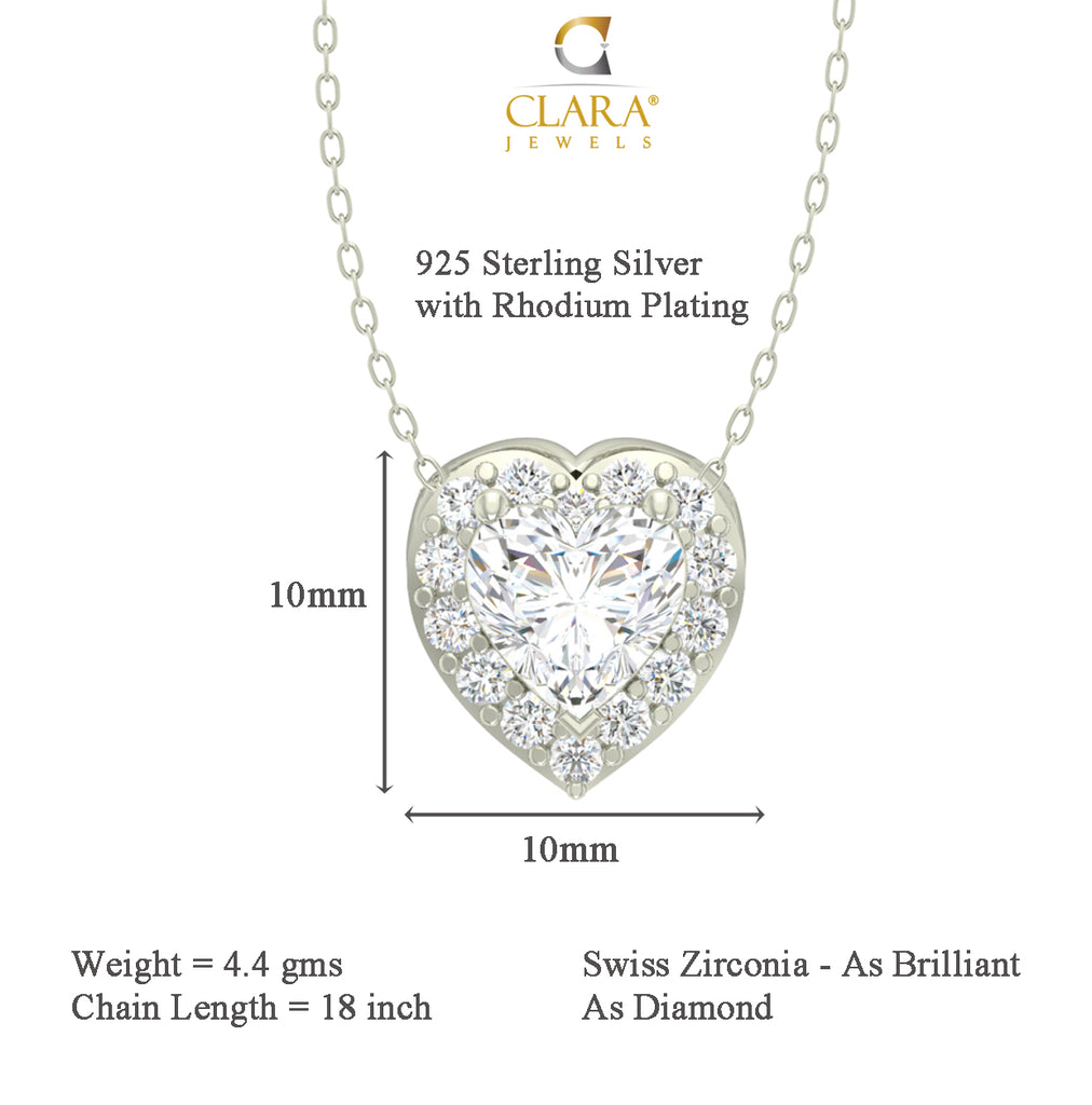 CLARA 925 Sterling Silver Rhodium Plated Valentine Pendant Earring Necklace Set with Chain Gift for Women and Girls