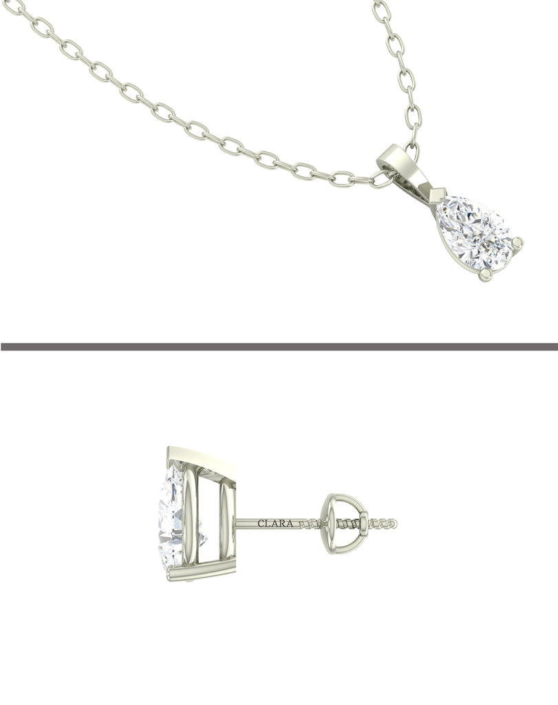 CLARA 925 Sterling Silver Rhodium Plated Pear Pendant Earring Necklace Set with Chain Gift for Women and Girls