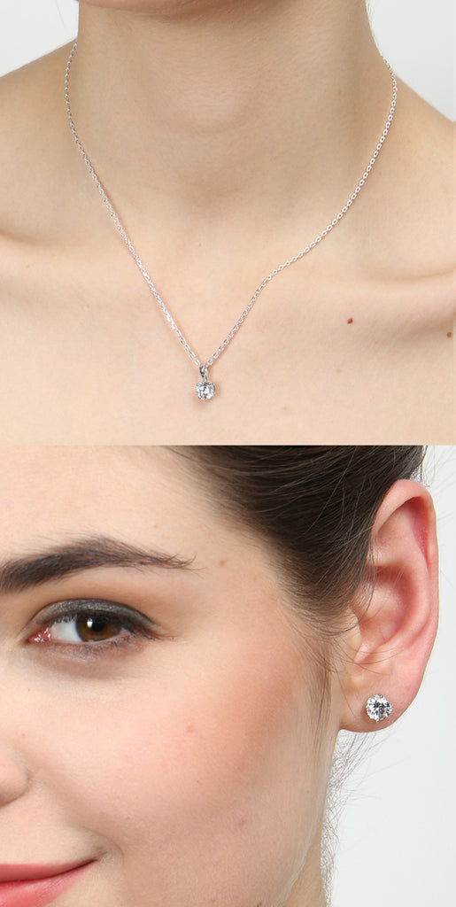 CLARA 925 Sterling Silver Rhodium Plated Round Pendant Earring Necklace Set with Chain Gift for Women and Girls