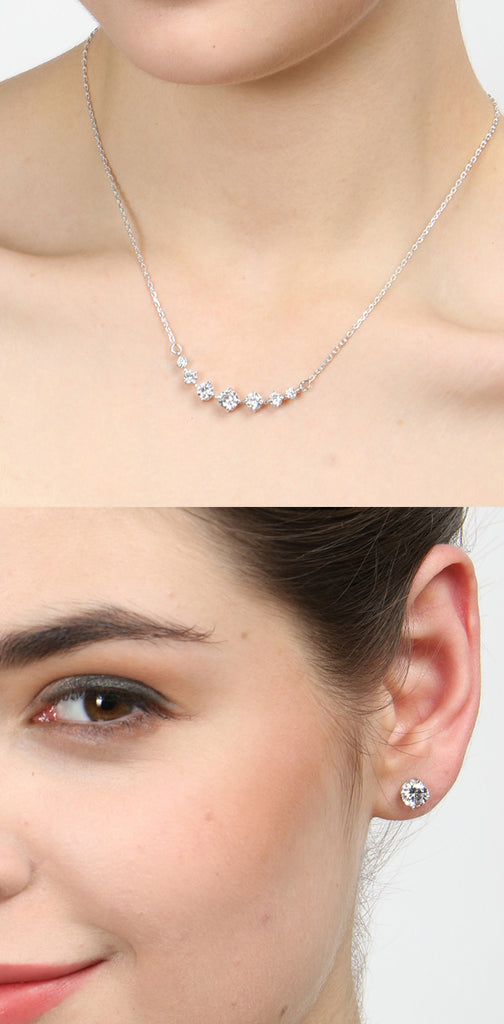 CLARA 925 Sterling Silver Rhodium Plated 7 Stone Pendant Earring Necklace Set with Chain Gift for Women and Girls