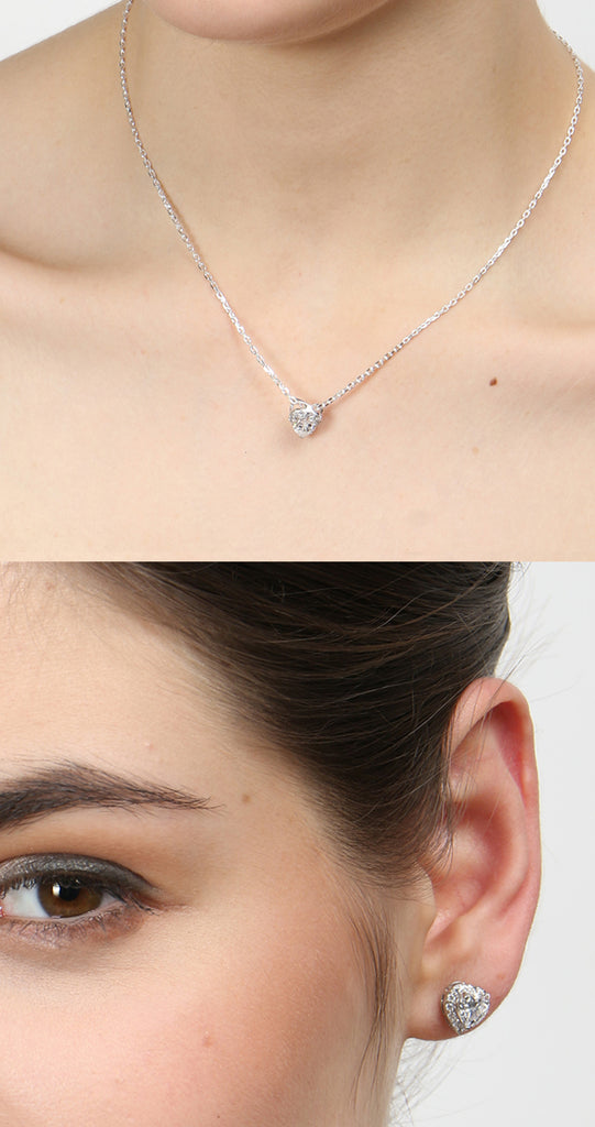 CLARA 925 Sterling Silver Rhodium Plated Valentine Pendant Earring Necklace Set with Chain Gift for Women and Girls