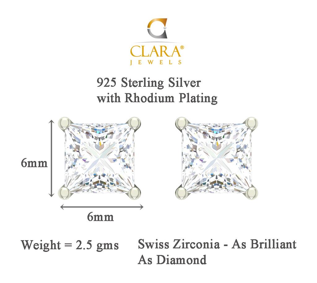 CLARA 925 Sterling Silver Swiss Zirconia Square Earring With Screw Back Gift for Women and Girls