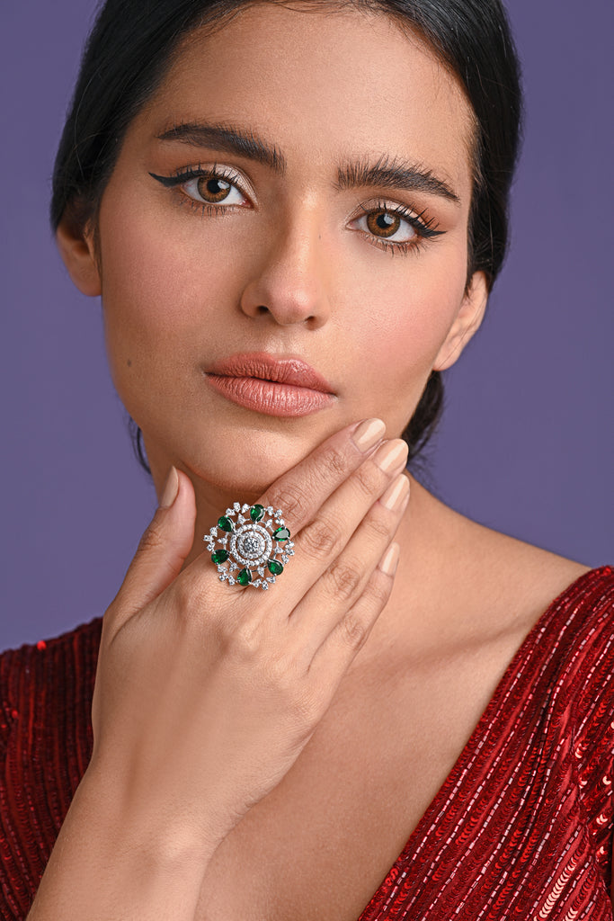 Clara 925 Sterling Silver Green Adjustable Cocktail Ring 