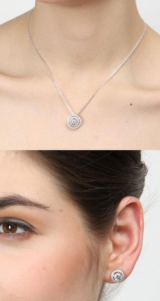 CLARA 925 Sterling Silver Rhodium Plated Halo Pendant Earring Necklace Set with Chain Gift for Women and Girls