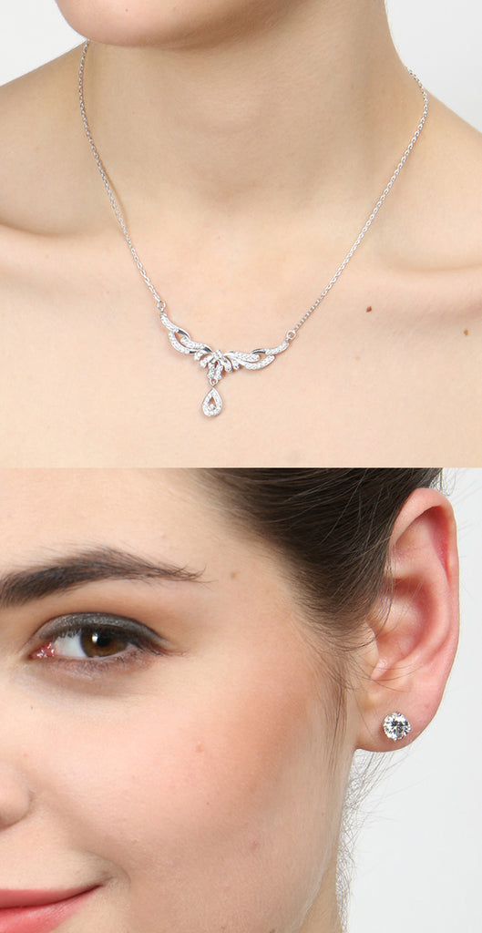 CLARA 925 Sterling Silver Rhodium Plated Maya Pendant Earring Necklace Set with Chain Gift for Women and Girls
